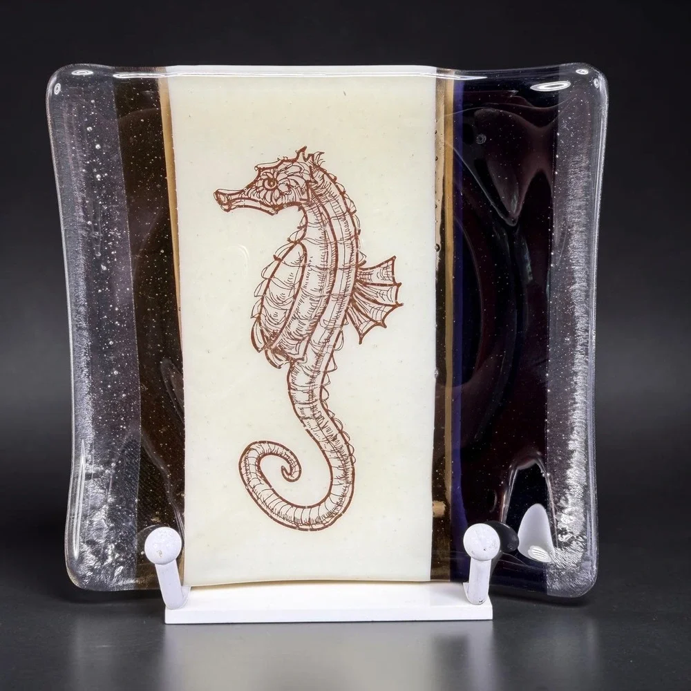 Fused Glass Seahorse Trinket Dish Square Coastal Navy Amber 5in Plate‎